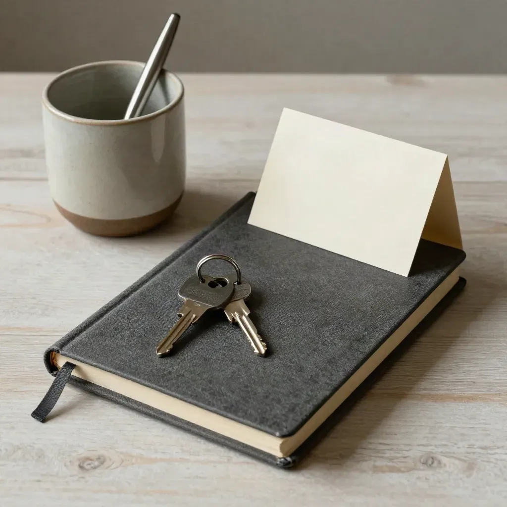 Top-down still life of booking tools on pale wood: notebook, keys, pen cup, and card holder.