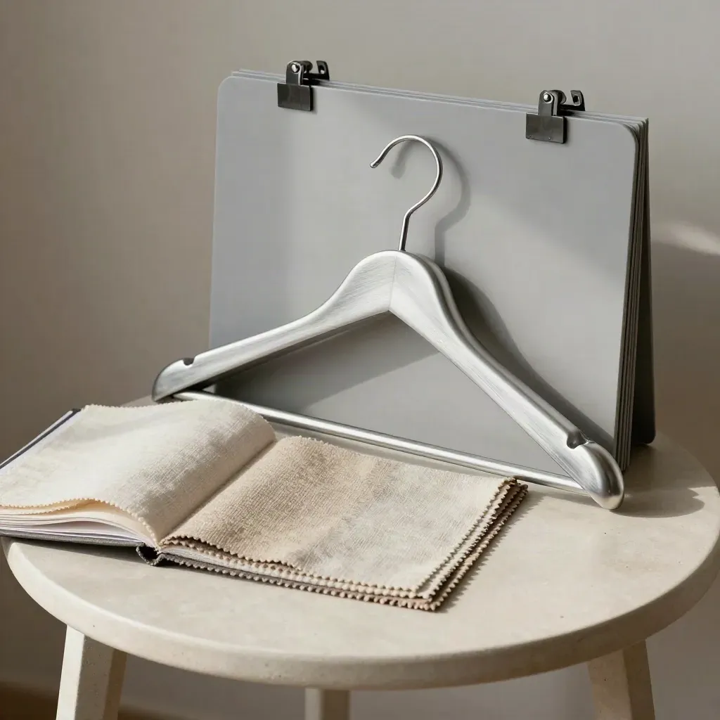 Open swatch book with hangers, backdrop sample, and blank prop board on a pale plaster side table.