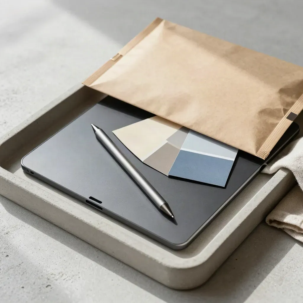 Retouch tablet, stylus, swatch fan and sealed print mailer on a concrete tray with soft light.