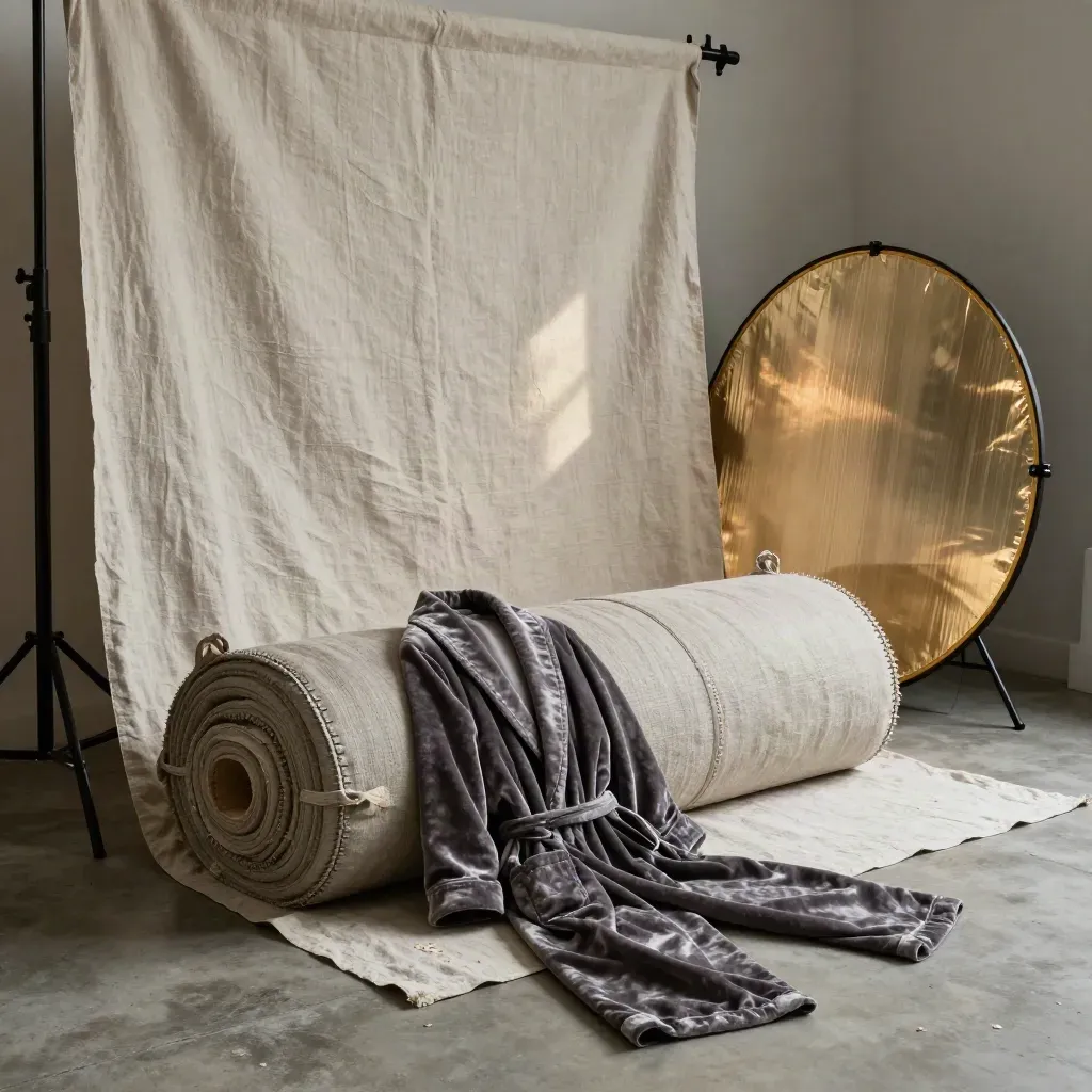 Overhead studio flatlay of a linen backdrop roll, reflector discs, sandbag, and draped robe on concrete.