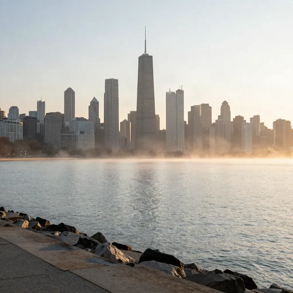Chicago skyline in dawn fog from the lakefront, calm water below, Hancock Tower high in haze