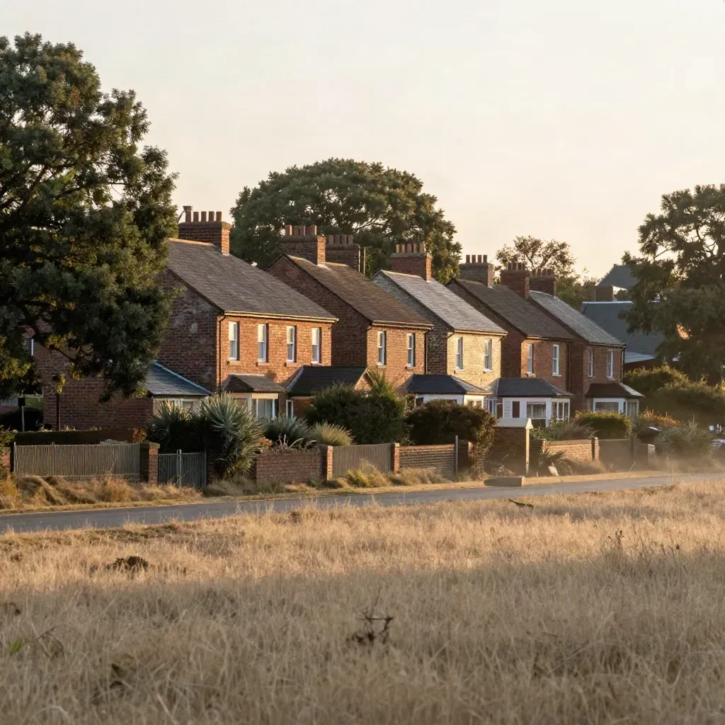 Golden bungalow roofs above quiet prairie edges at dusk, with soft hazy foreground.