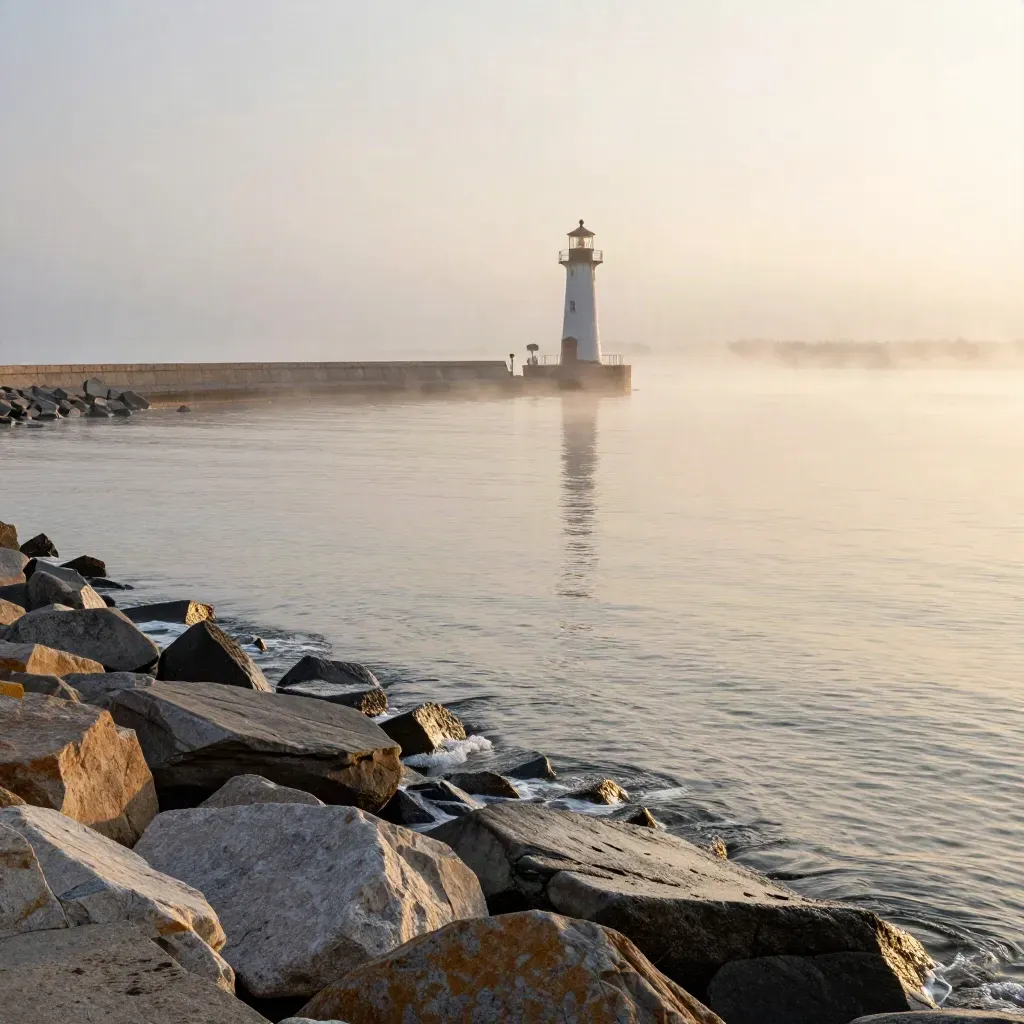 Wilmette lighthouse above a foggy breakwall at warm dawn over a calm pale lake