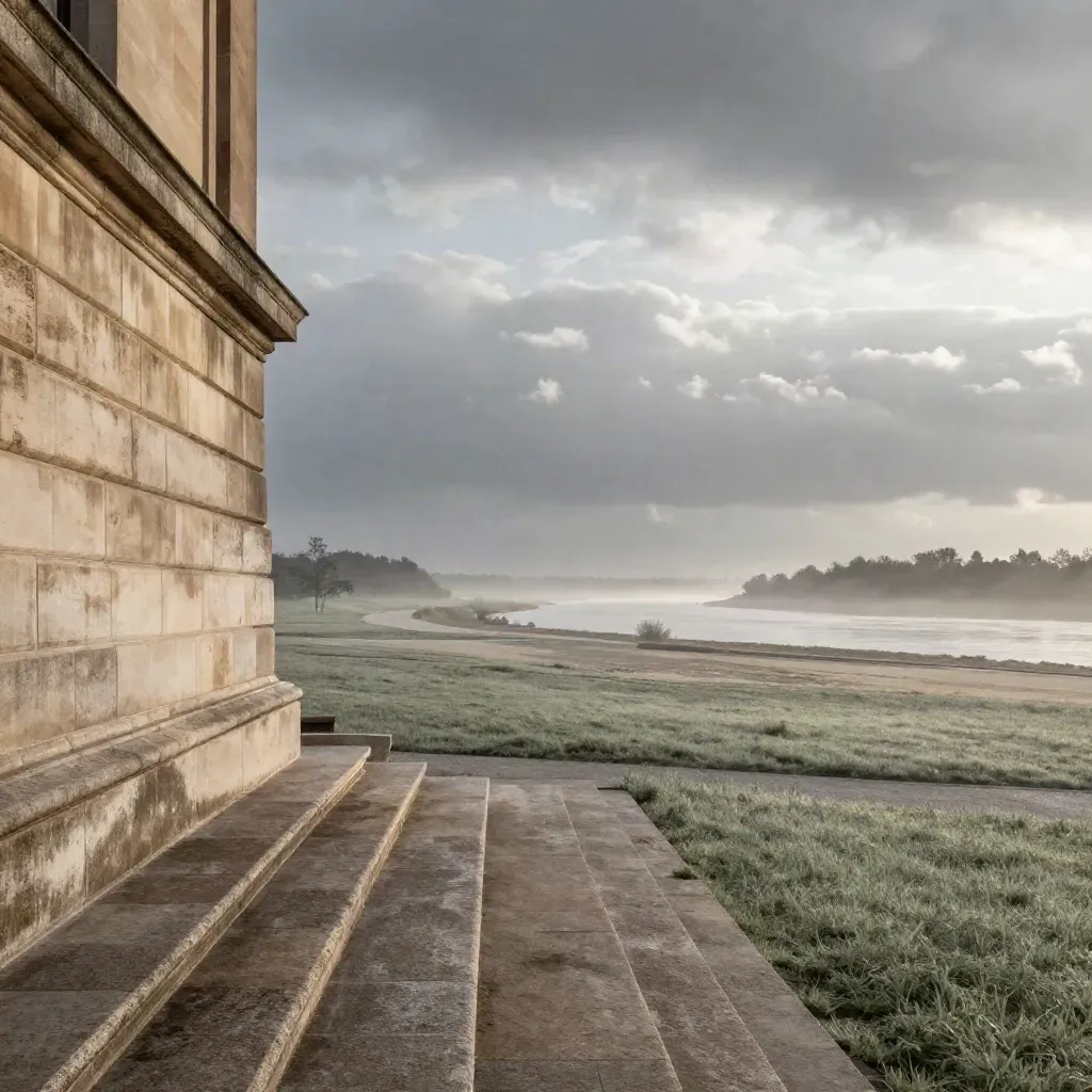Limestone civic facade above a misty river plain under clearing storm light.