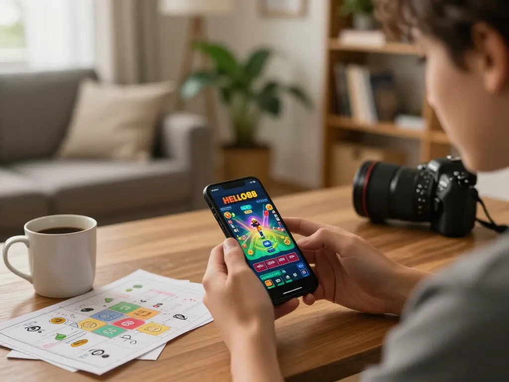 Person engaging with the HELLO88 casino app on smartphone, creating a strategic home gaming atmosphere.