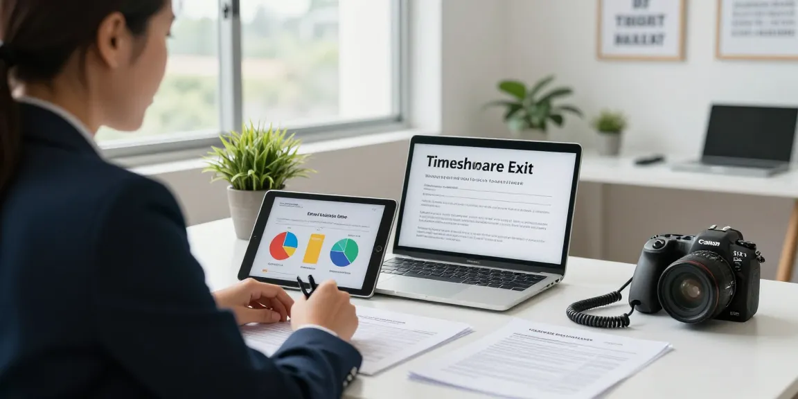 Best timeshare exit companies consultation scene with financial consultant assisting clients on timeshare contracts.