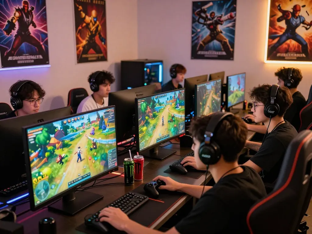Gamers engaged in a sun win multiplayer gaming session in a vibrant setting.