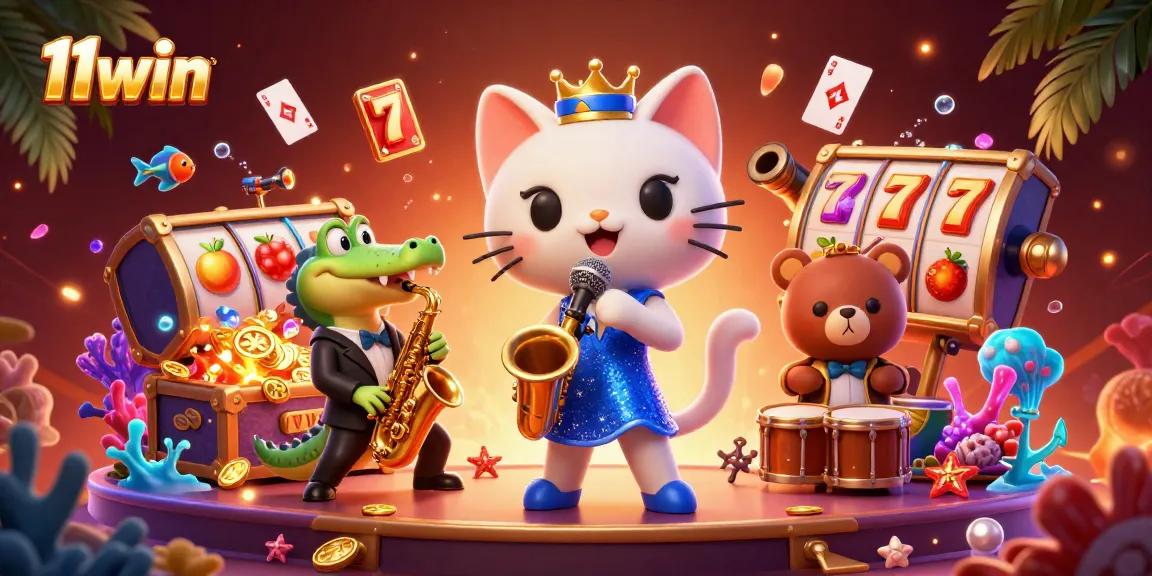 Win big at 11win with a vibrant casino scene featuring unique characters and exciting gaming elements.