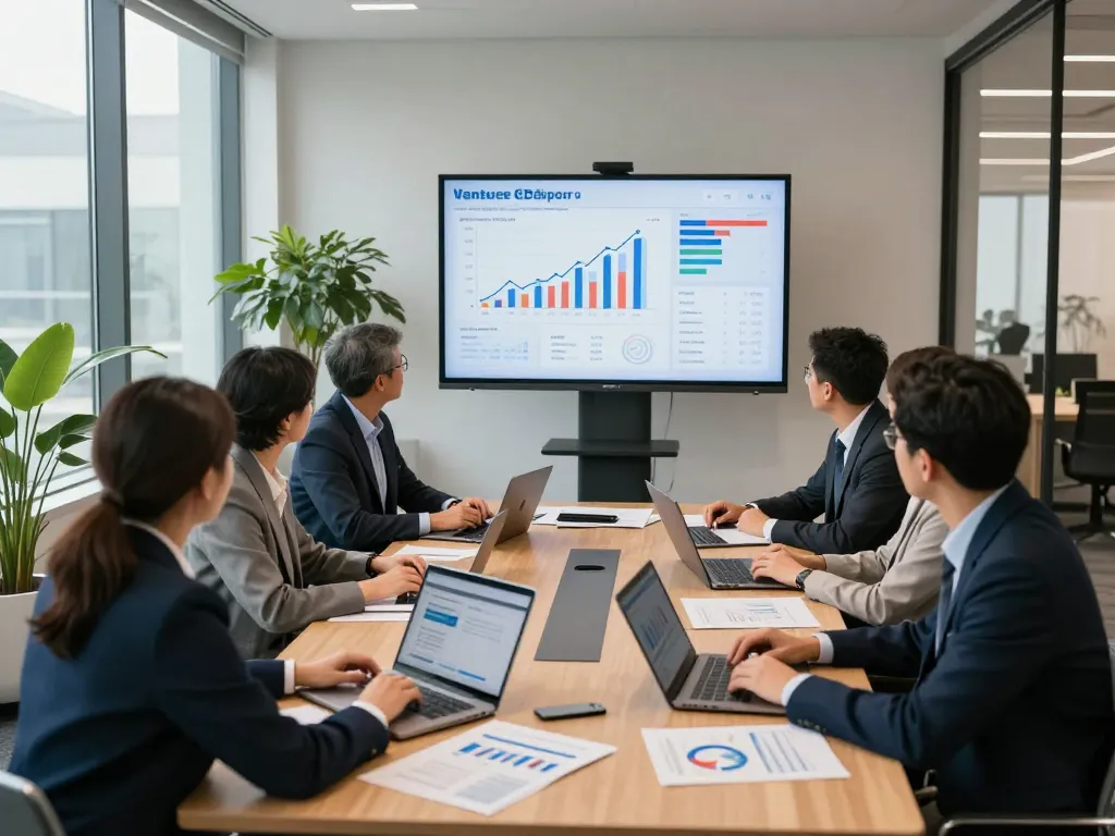 Team discussing venture capital funding strategies during a business meeting in a modern corporate office.