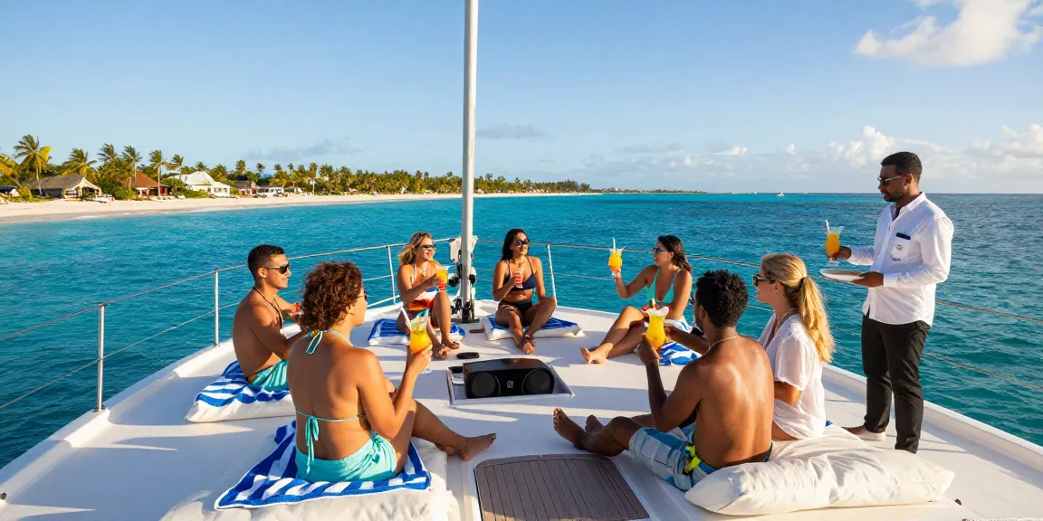 Group enjoying a yacht charter punta cana, sailing with cocktails in tropical paradise.