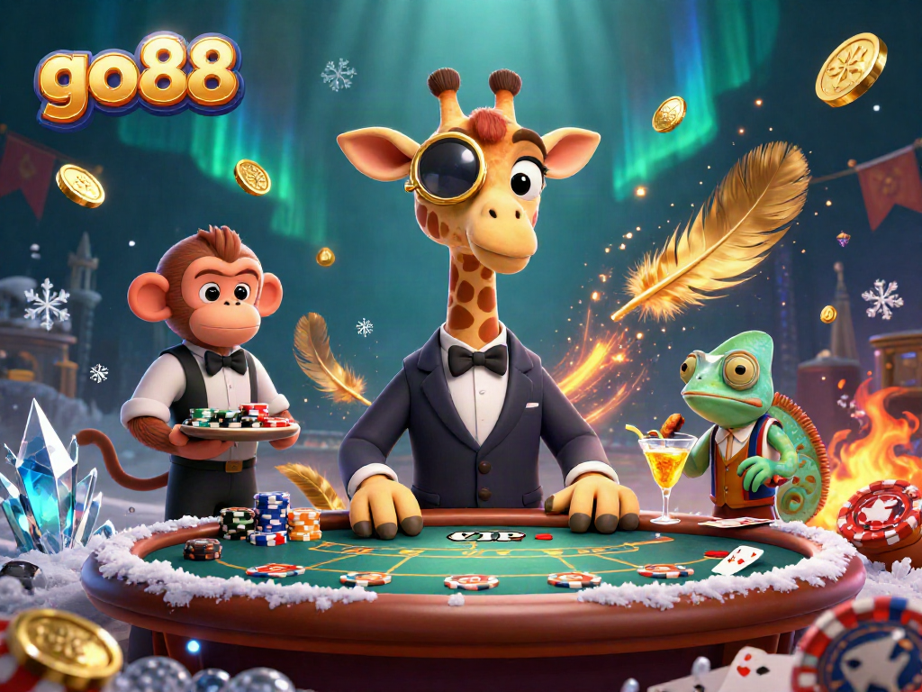 Experience thrilling gameplay with go88 as high-roller giraffe enjoys a VIP poker table adventure.