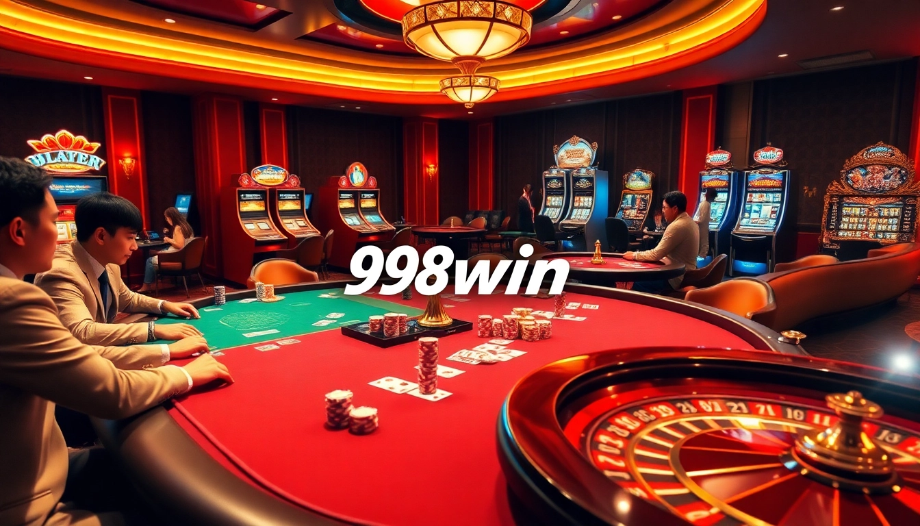 A vibrant 98win casino scene showcasing poker, roulette, and slot machines in an engaging atmosphere.