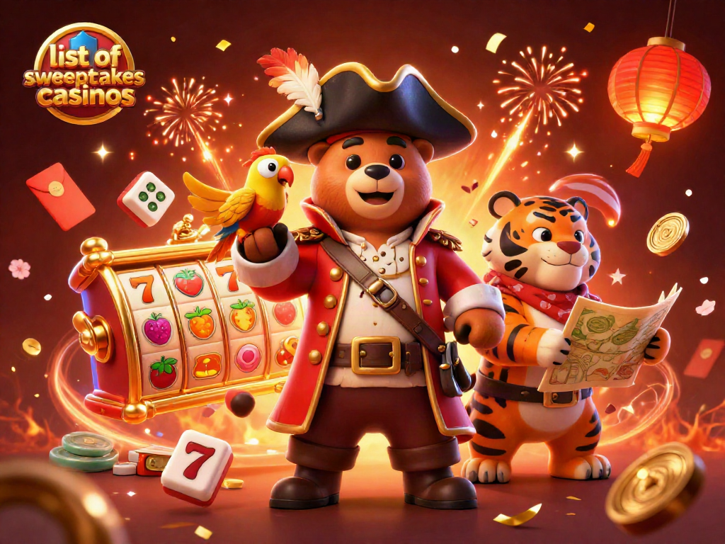 Experience top sweepstakes casinos with a lively scene featuring a pirate bear, tiger first mate, and vibrant gaming elements.