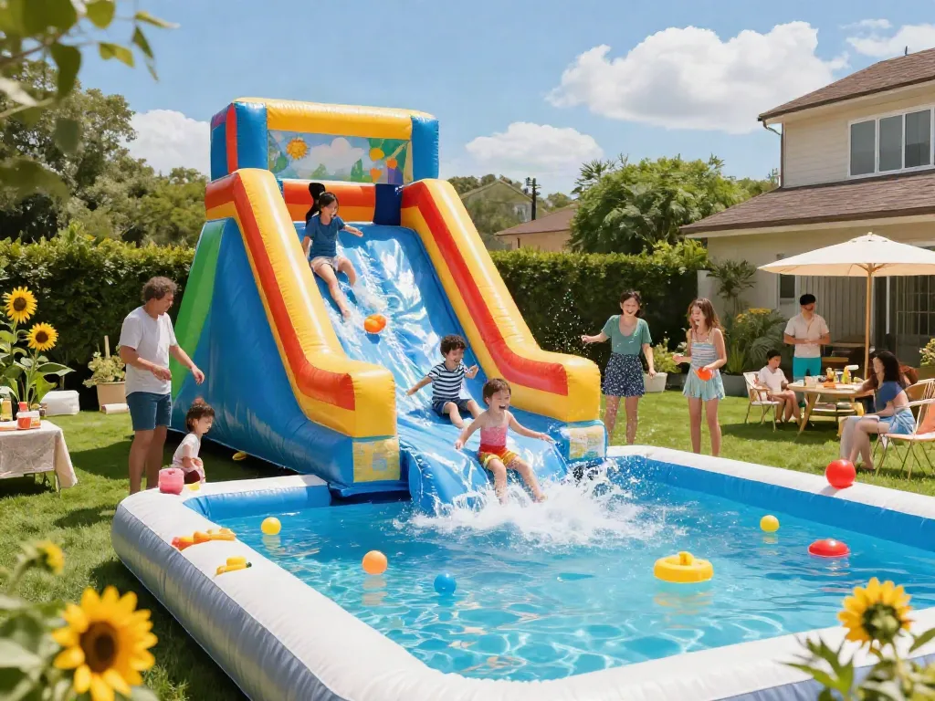 Children laughing as they slide down a colorful water slide into a refreshing pool.
