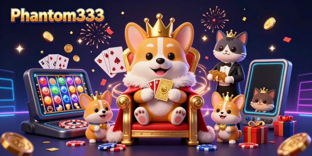 Engage in casino fun with Phantom333's royal corgi and captivating gaming elements.