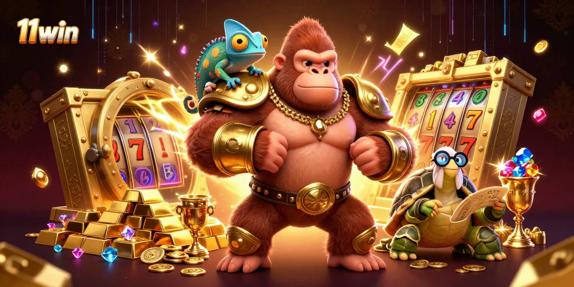 Engage with 11win's thrilling slot adventure featuring gorilla king, chameleon, and tortoise.