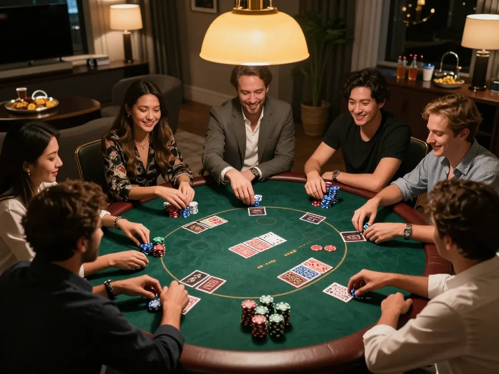 Watch players engage in an exciting Texas Hold'em game at uu88's home poker night with colorful chips.