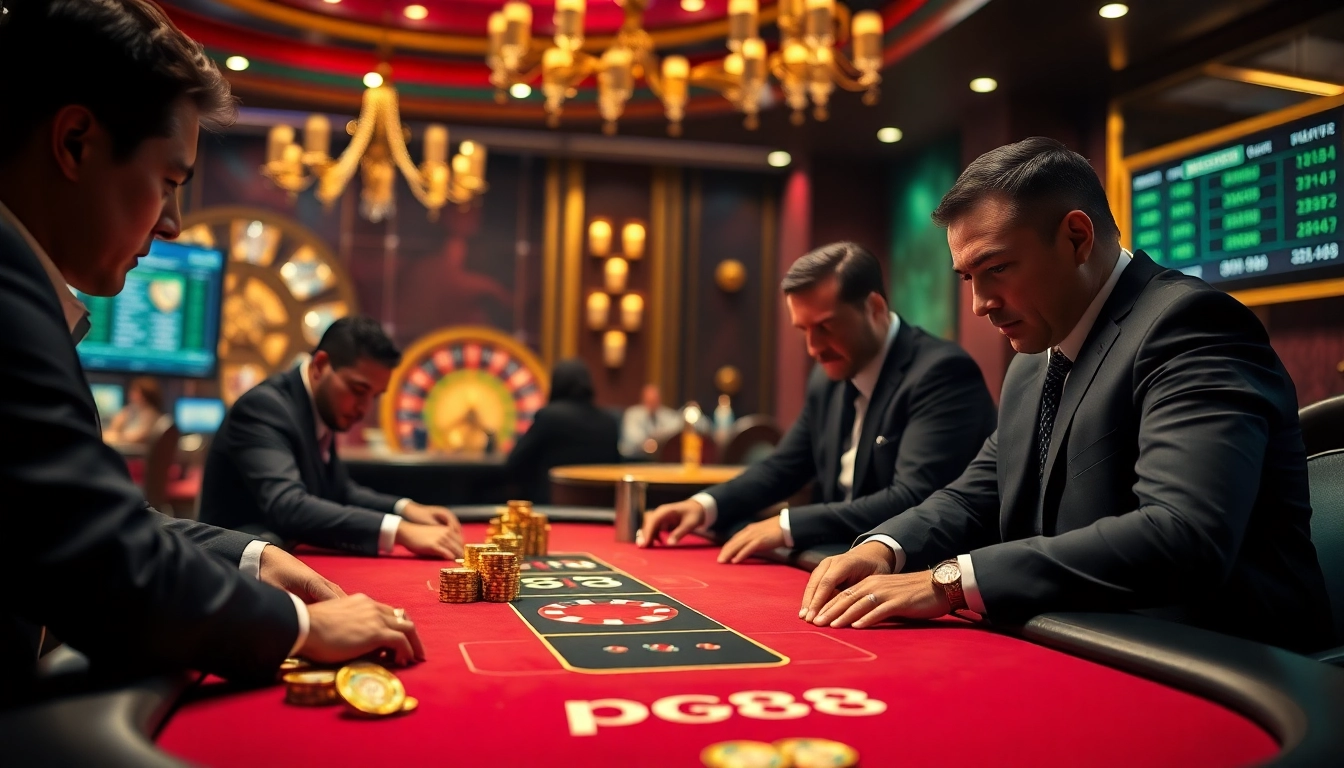 Experience the thrilling excitement of gambling at pg88 with a luxurious poker table and vibrant casino atmosphere.