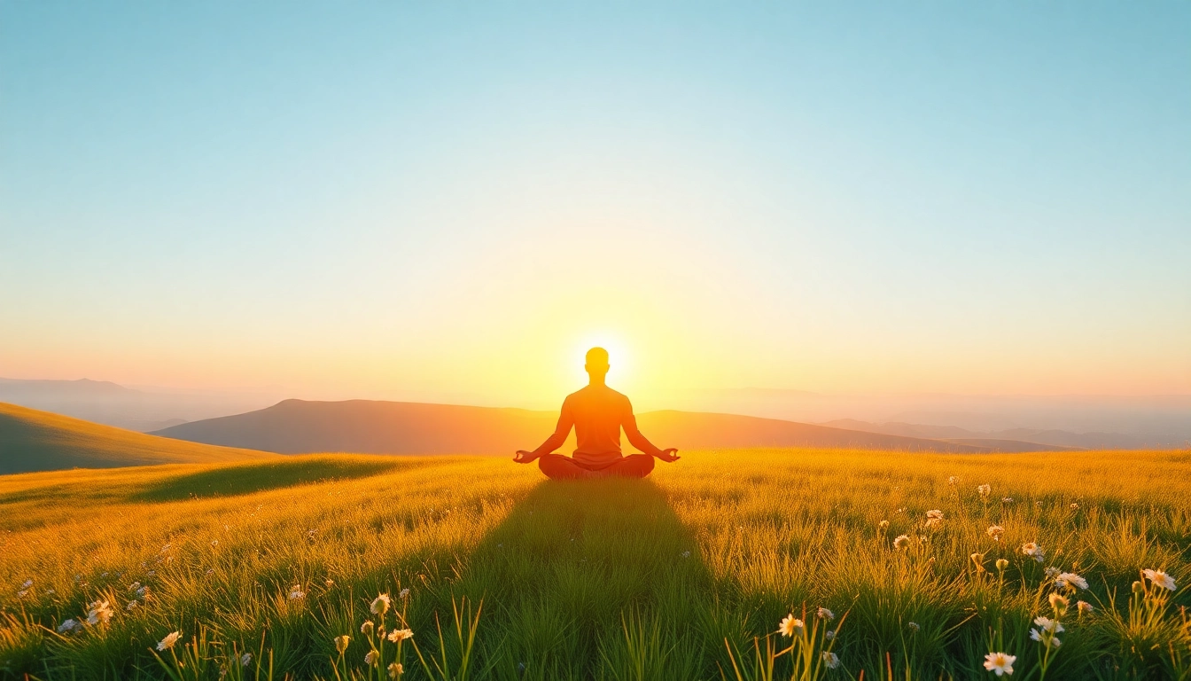 Meditative figure embodying mental wellness in a peaceful sunrise landscape.