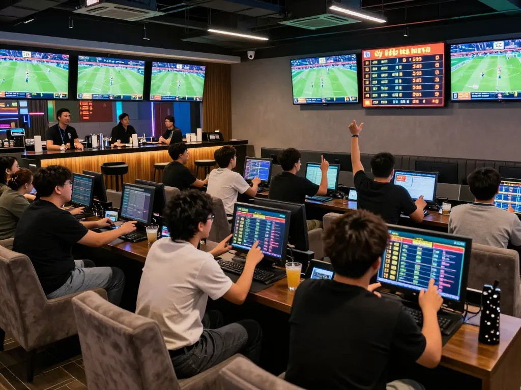 Engaged fans placing bets using tỷ lệ kèo nhà cái 5 at a lively sports betting lounge.