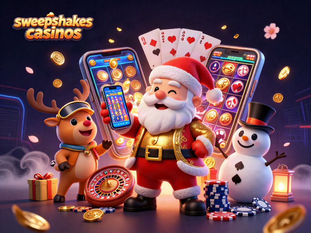 Experience excitement at sweepstakes casinos with festive characters in a vibrant casino scene.