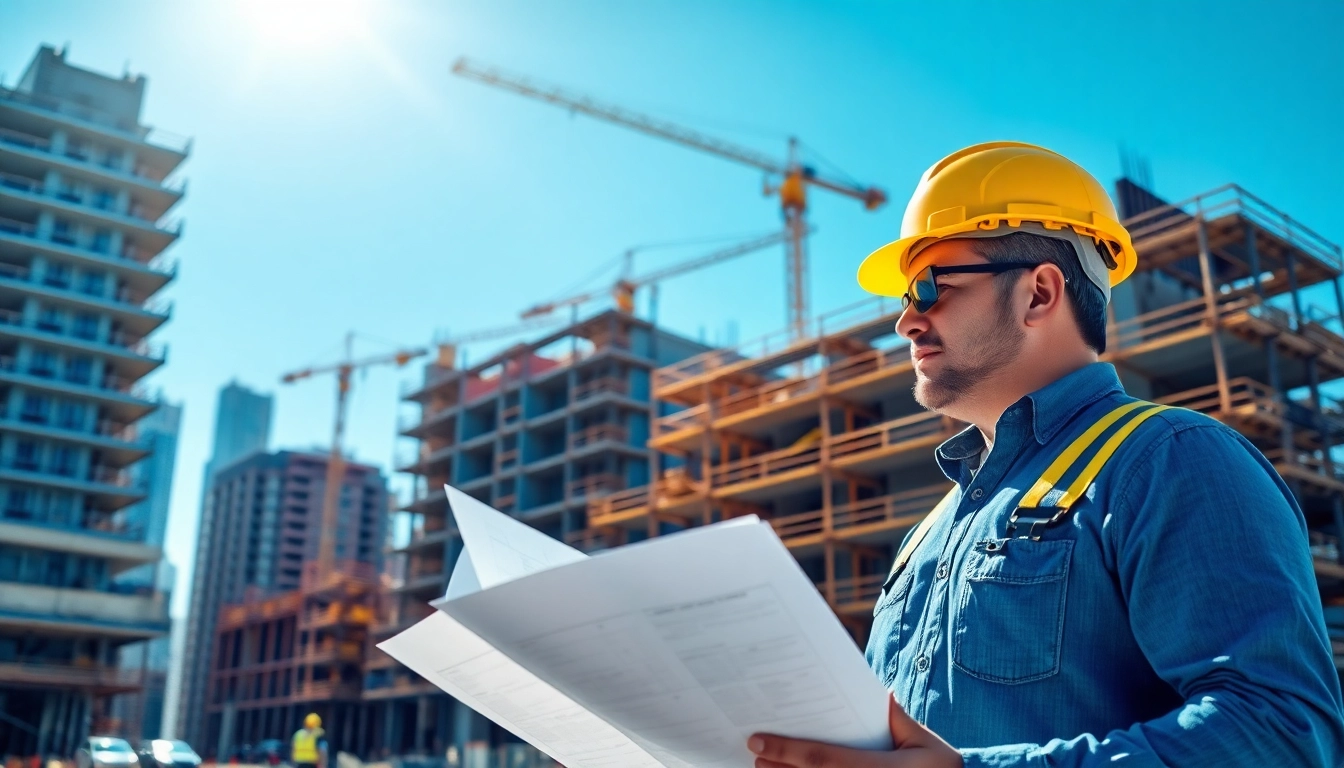 Manhattan Commercial General Contractor reviewing blueprints on a vibrant construction site.