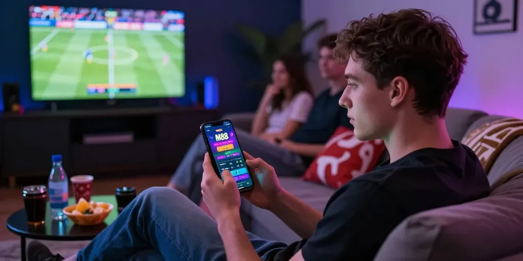 Engaged player using m88 link mobile app for sports betting on a smartphone in a cozy setting