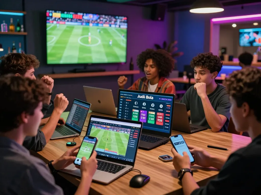 Exciting Judi Bola betting scene with enthusiastic individuals at a sports lounge, showcasing real-time match stats and lively atmosphere.