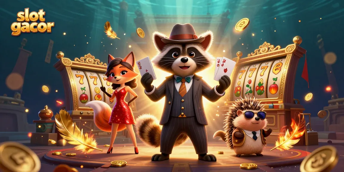 Engage with slot gacor as a suave raccoon showcases a royal flush, alongside a stylish fox in vibrant attire.