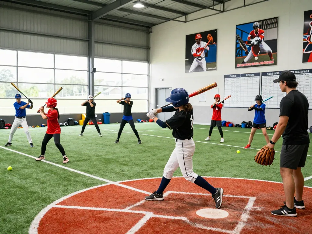 Young athletes practicing their swings at hitclub training facility, showcasing focus and teamwork.