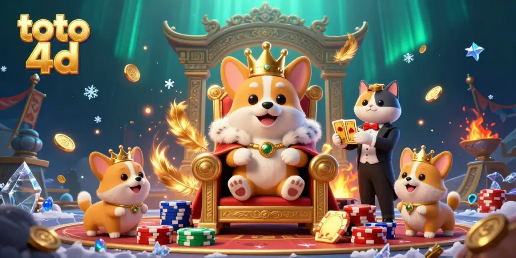 Engage in exciting toto 4d gameplay with a cartoon royal corgi and a cat butler surrounded by riches.