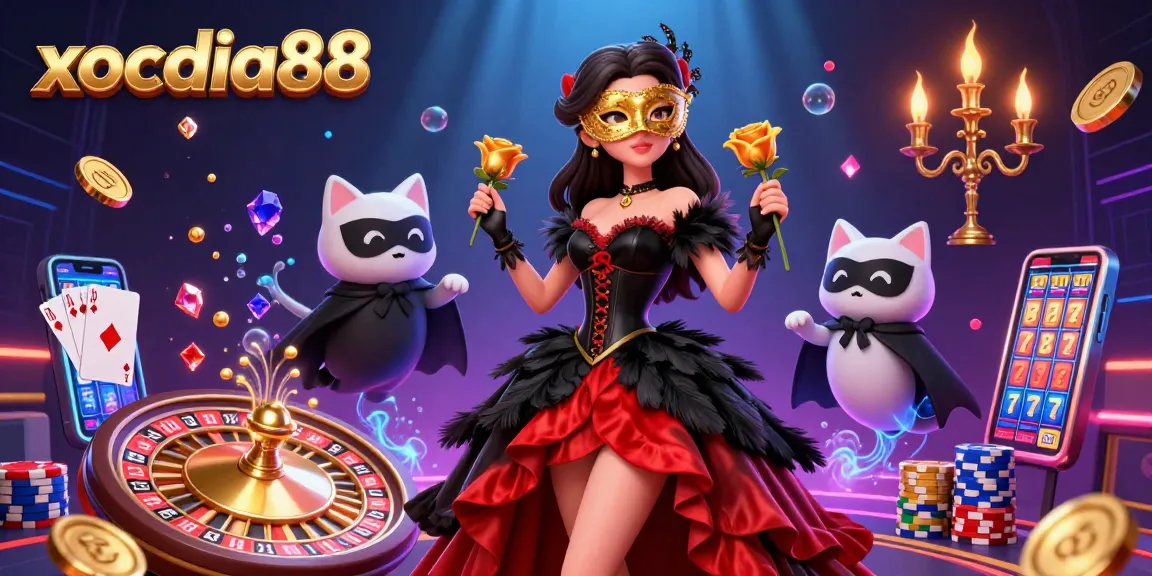 Xocdia88 showcases a vibrant casino scene featuring a woman in a ballroom gown and a phantom cat, amidst a flurry of coins and gem stones.