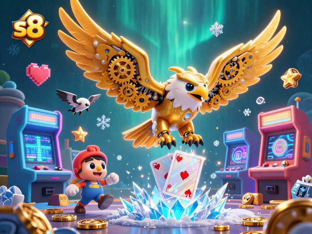 Engage with thrilling gameplay at s8 while enjoying a cybernetic eagle amidst vibrant 3D casino elements.