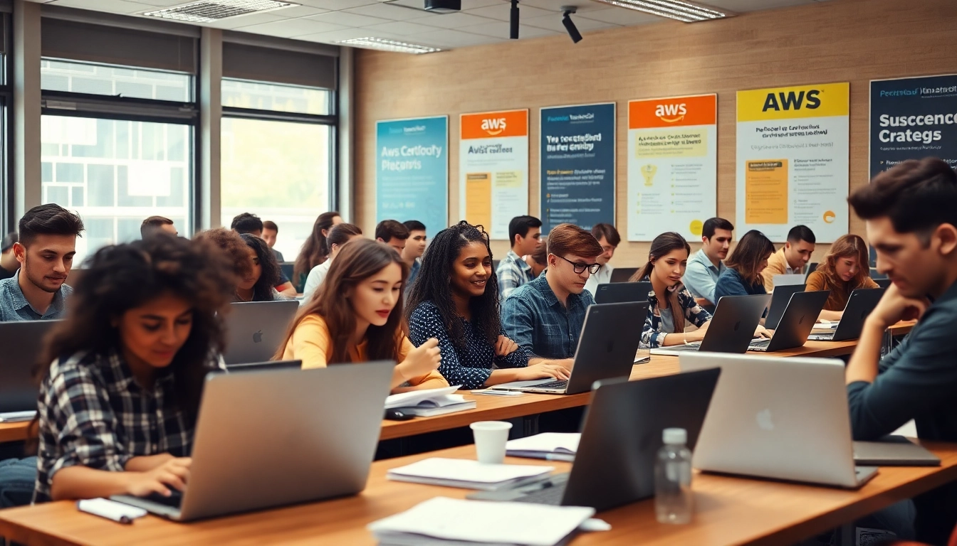 Students preparing for AWS exam help in a bright classroom, showcasing collaboration and focus.
