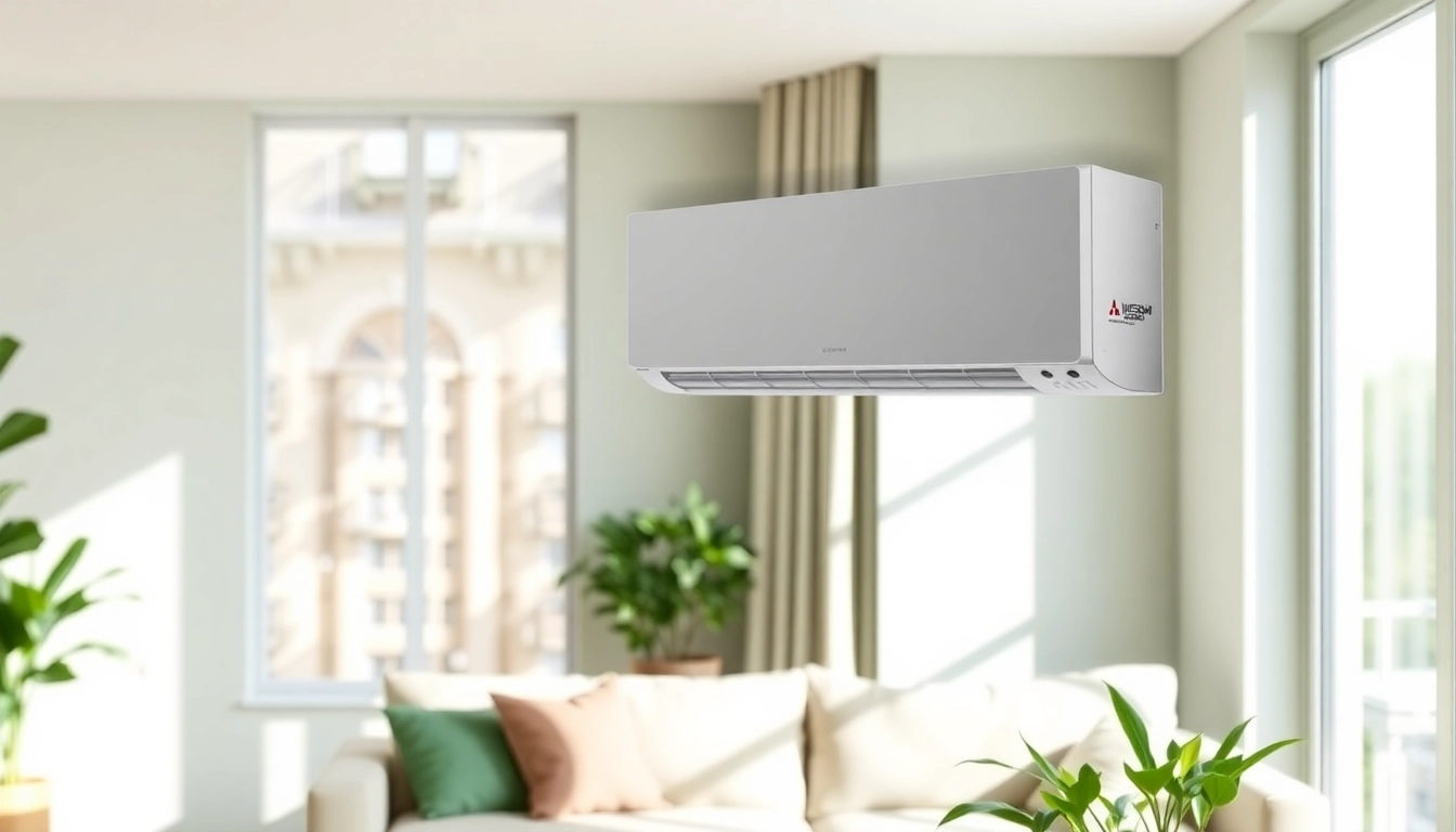 Mitsubishi mini split AC prominently featured in a bright, modern living room setting.