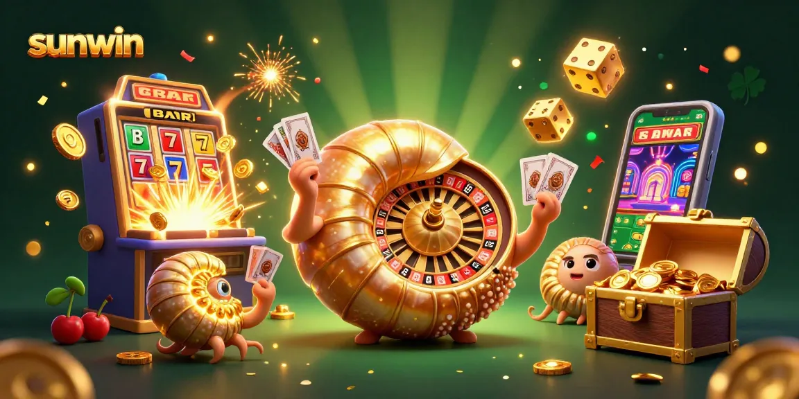 Experience sunwin’s thrilling casino games with an exciting 3D illustration of vibrant slot machines and classic roulette.