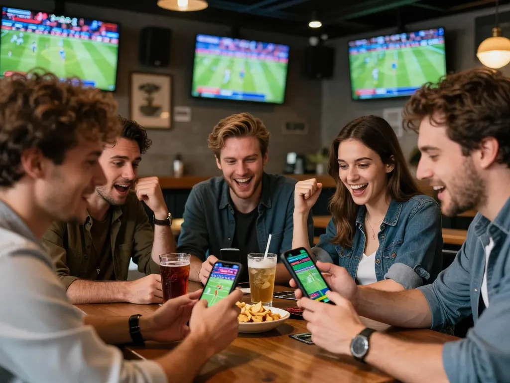 Rasakan aksi taruhan Judi Bola Terpercaya yang mendebarkan di bar olahraga yang ramai, teman-teman bersorak dan terlibat dengan taruhan mobile.