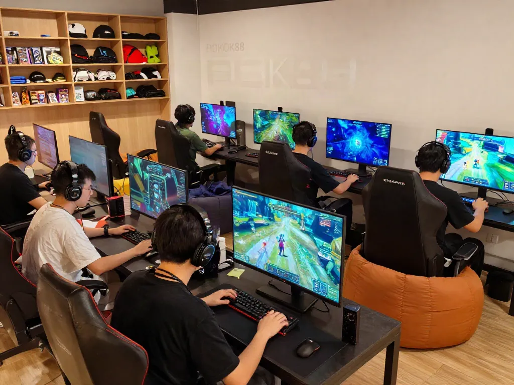 Players enjoying rokok88's thrilling online games in a vibrant gaming lounge.