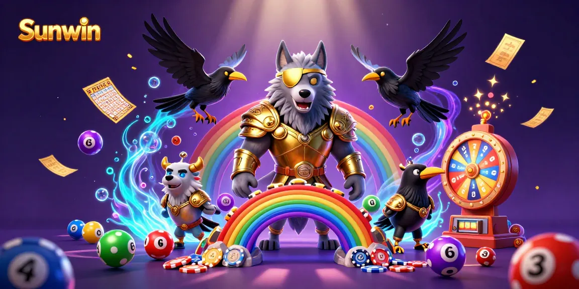 Play and win with Sunwin – captivating 3D gaming scene featuring casino elements and dynamic prizes.