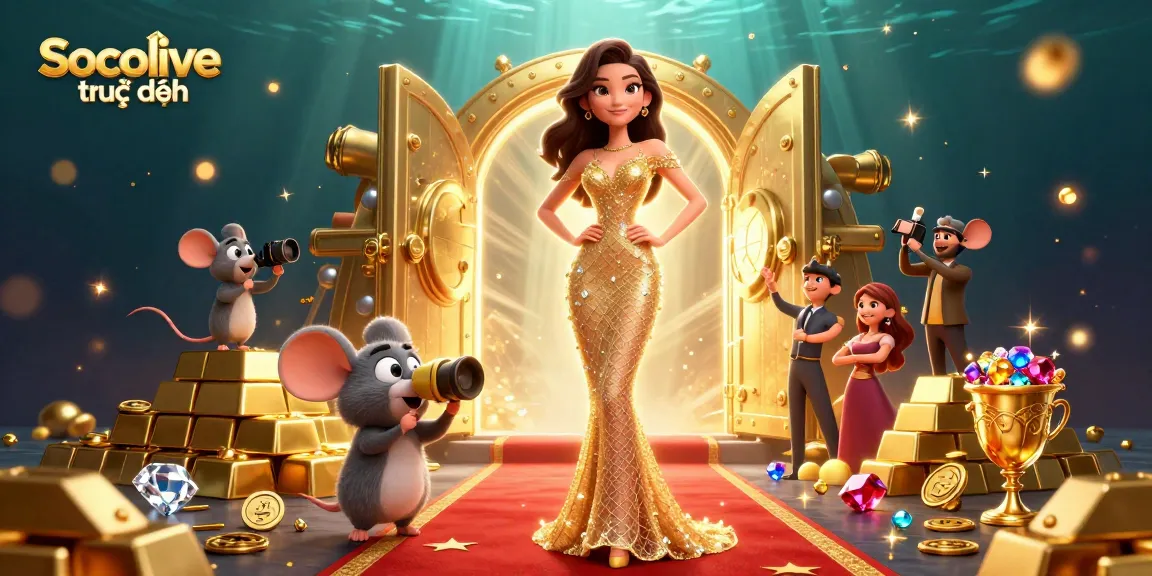Socolive trực tiếp showcases a vibrant 3D scene of a glamorous woman and a paparazzi mouse amid dazzling casino elements.