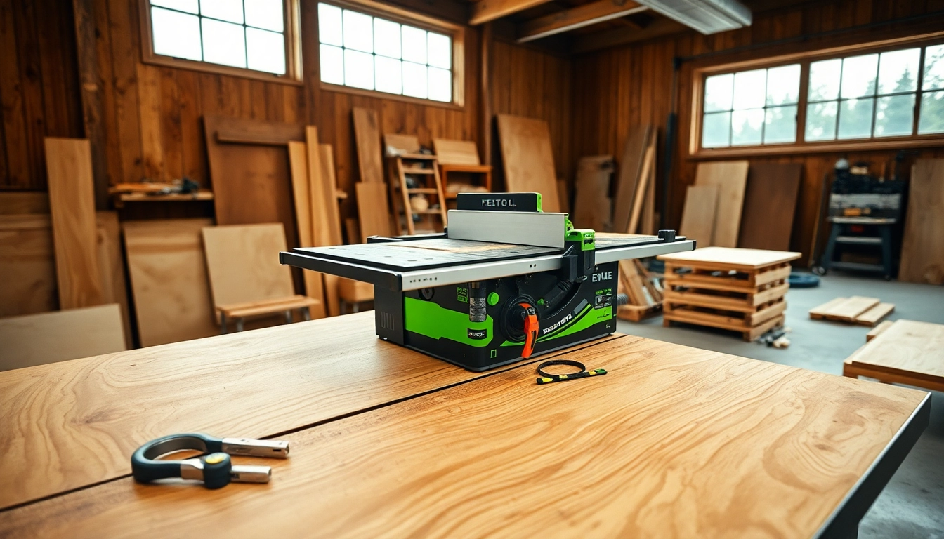 The Festool table saw cutting through hardwood with precision in an organized workshop environment.