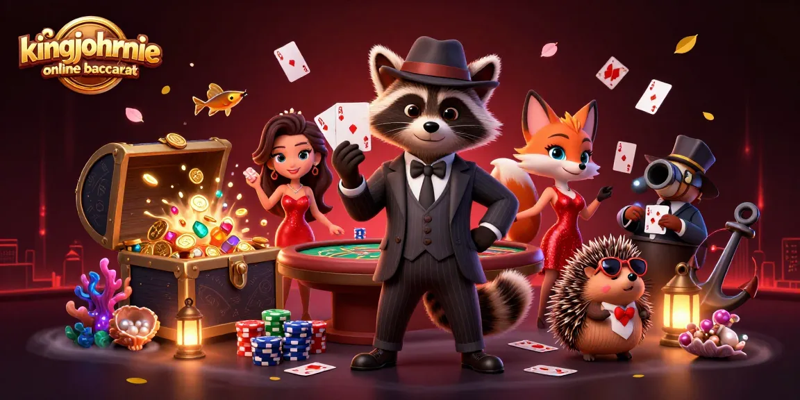 Experience kingjohnnie online baccarat with a stylish raccoon, fox, and hedgehog in a vibrant casino scene.