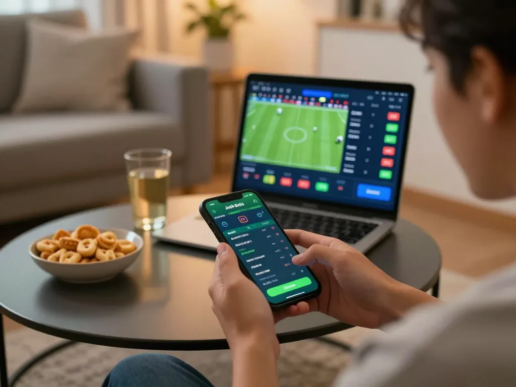 Terlibat dalam taruhan Judi Bola di smartphone sambil menikmati suasana rumah yang meriah.