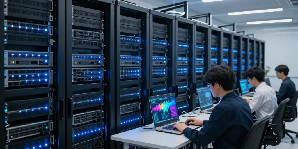 "Security configuration review in a modern data center showcasing network devices, servers, and advanced monitoring tools."