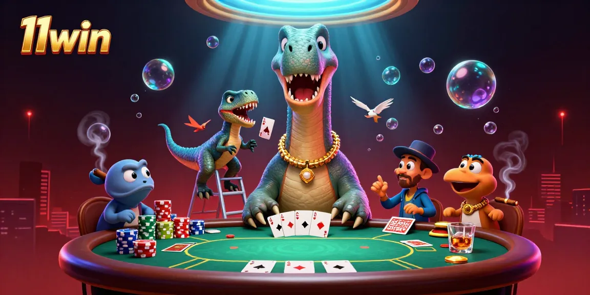 Engage in thrilling poker action with 11win's animated scene featuring cartoon dinosaurs.