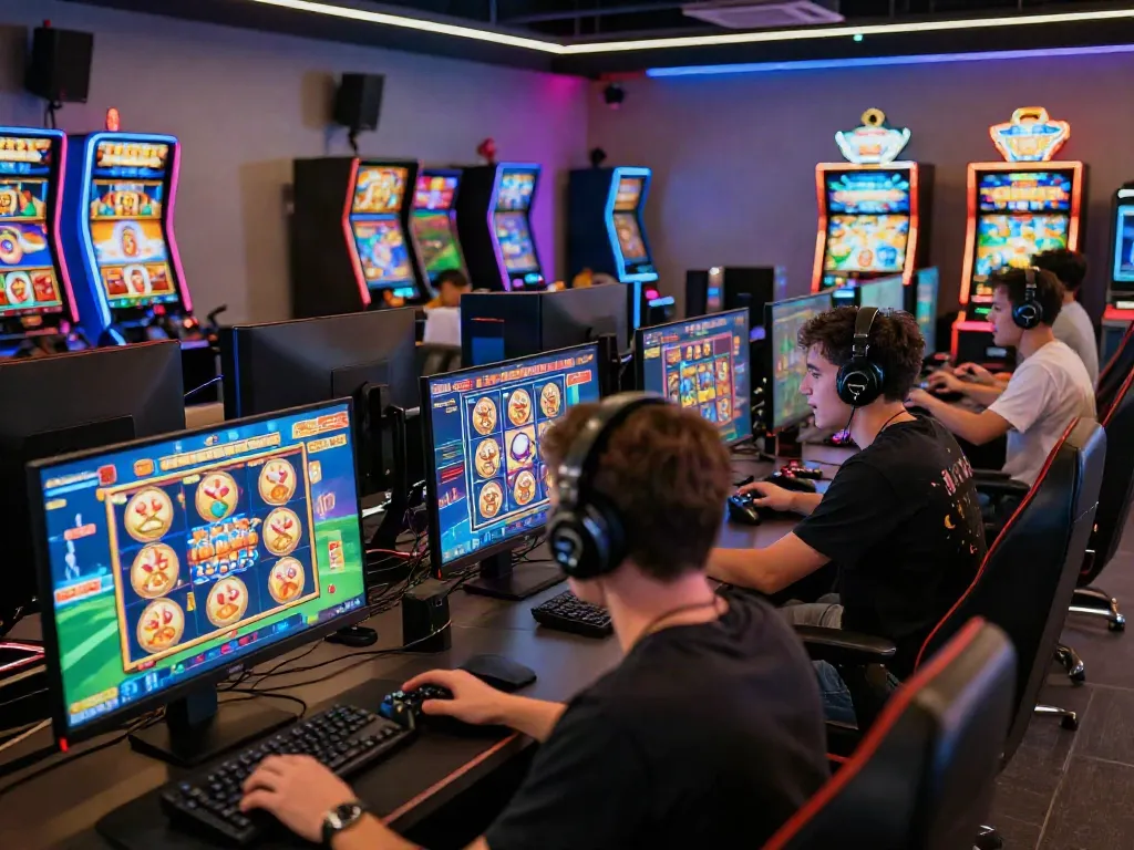Engaged users playing situs slot games in a vibrant online gaming lounge.