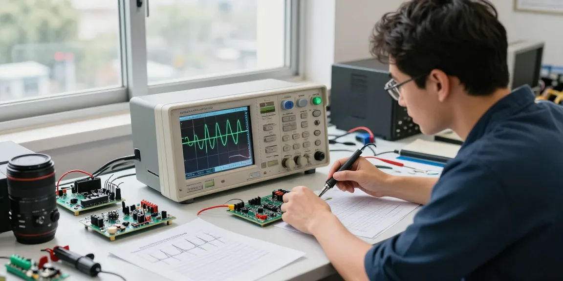 Engineer using an Affordable Digital Oscilloscope to measure waveforms in a bright tech workshop setting.