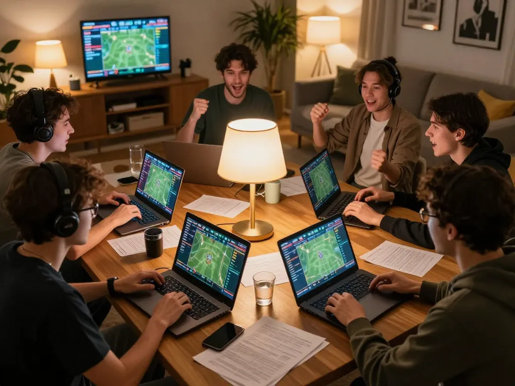 Players at home using man club for live sports betting, engaging with screens showing match odds