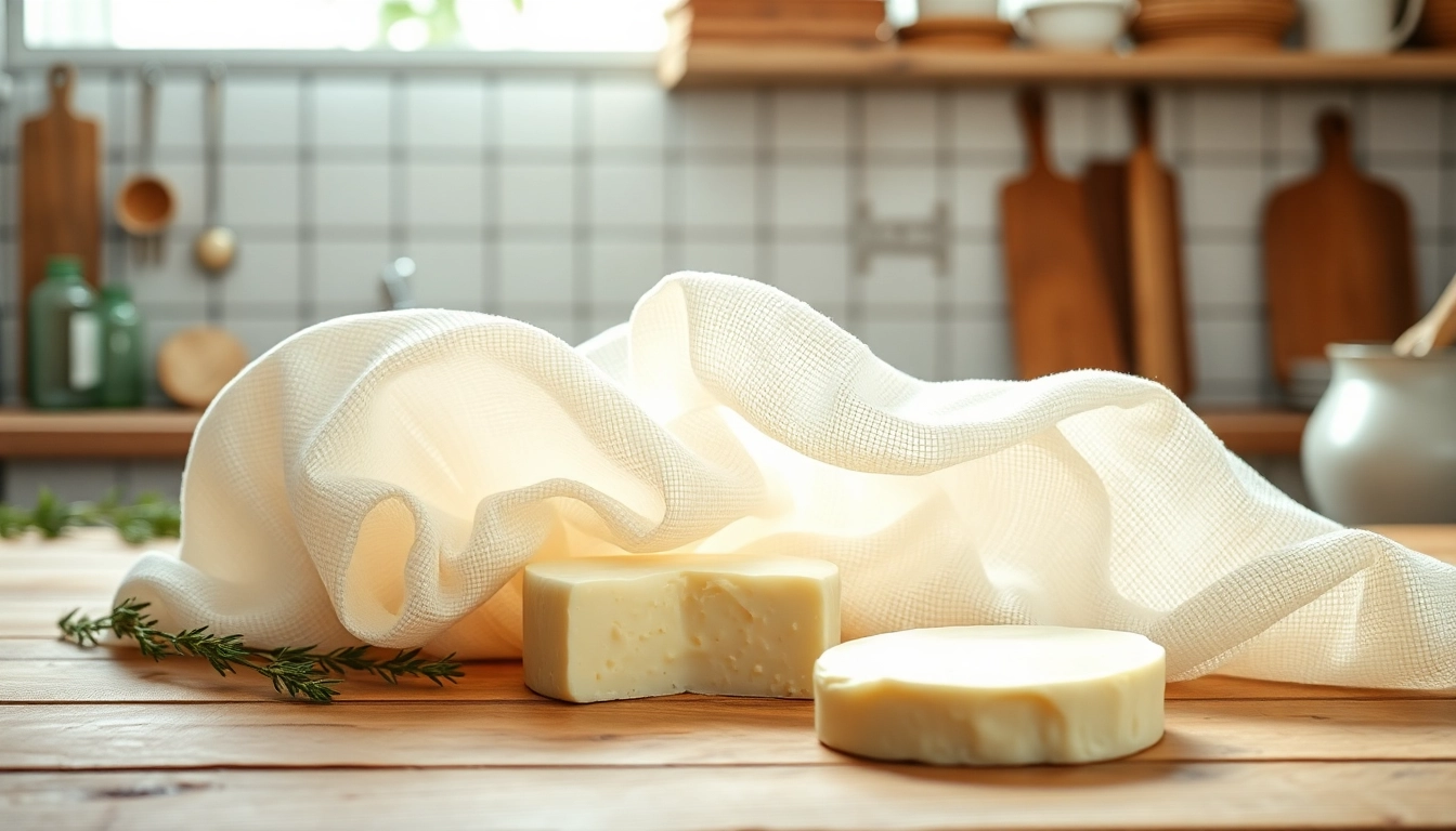 Perfectly arranged kaasdoek with fresh cheese on a wooden countertop in a rustic kitchen.