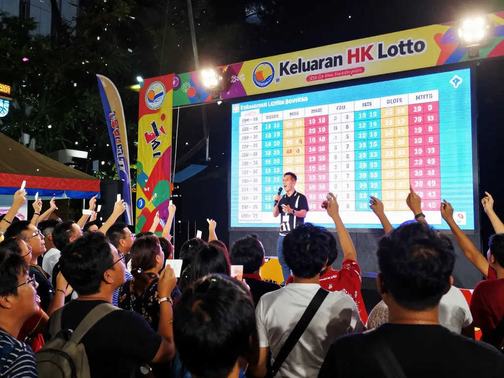 Keluaran HK Lotto acara pengundian langsung dengan kerumunan yang antusias dan layar yang terang.